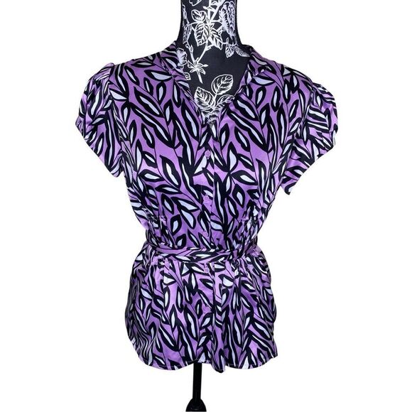 Worthington Satin Blouse Tie Closure Funky Office Workwear Work Colorful - Picture 1 of 13